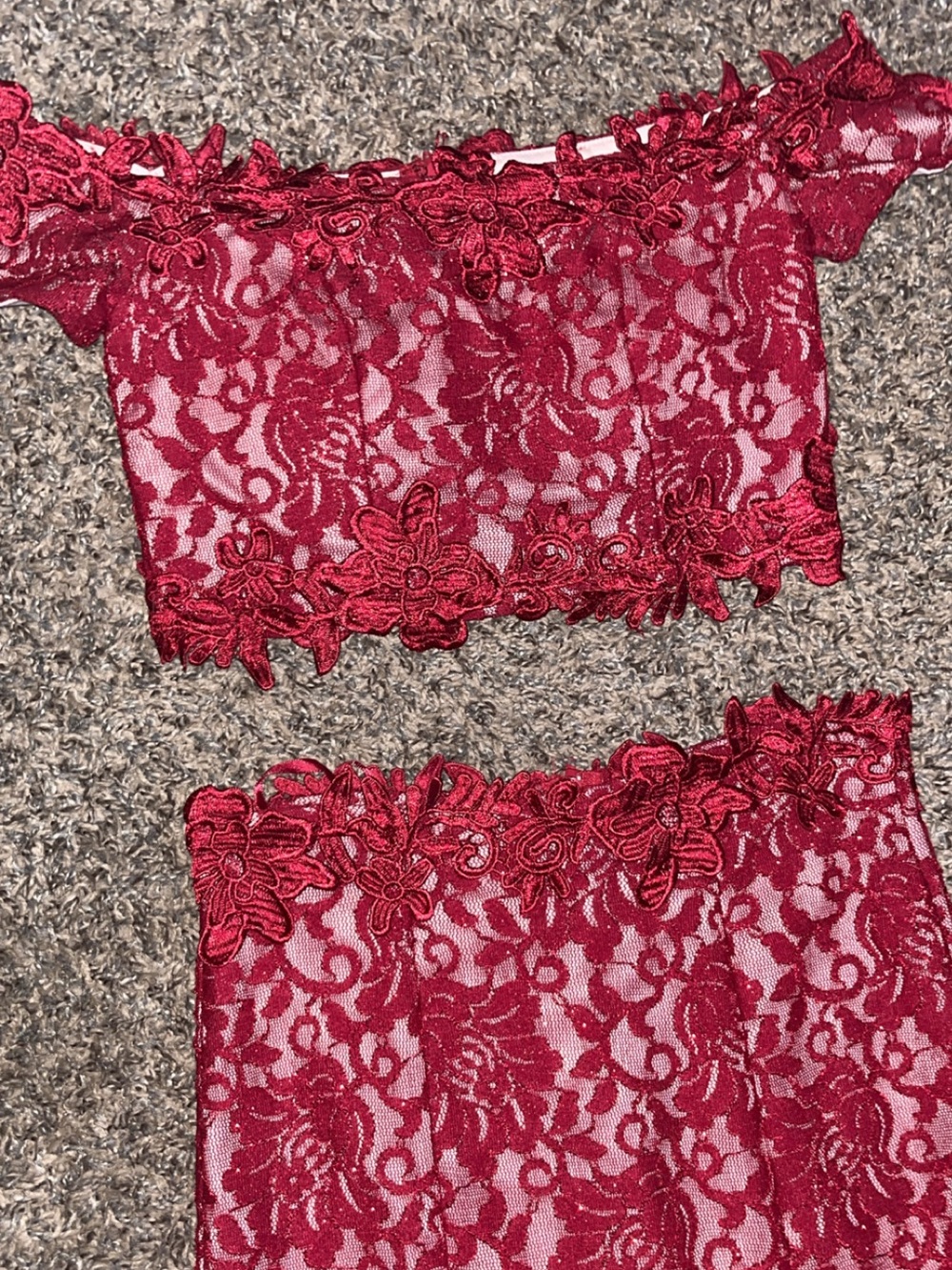Sequin Hearts 2-Piece Prom Dress, Red Glitter Lace Crop Top & Slit Maxi Skirt